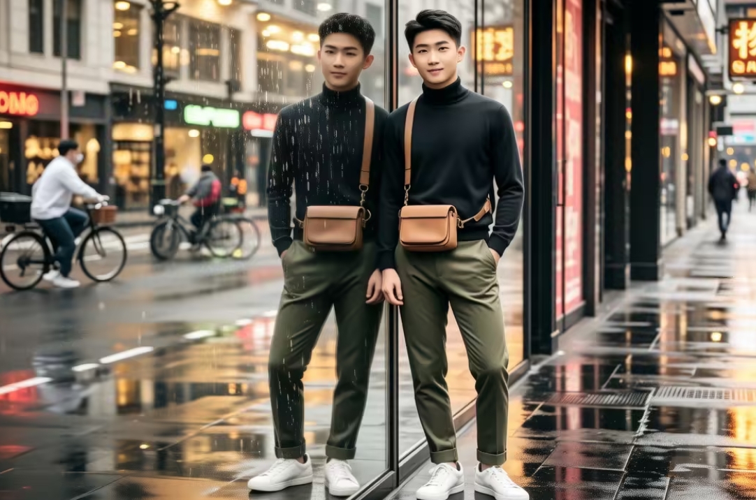 A stylish person checking their reflection, wearing a smart-casual outfit
