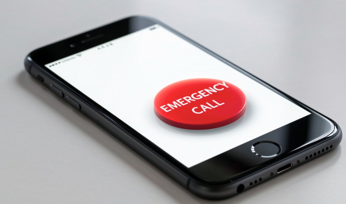 A phone screen showing an 'Emergency Call' button, focused and ready for safety
