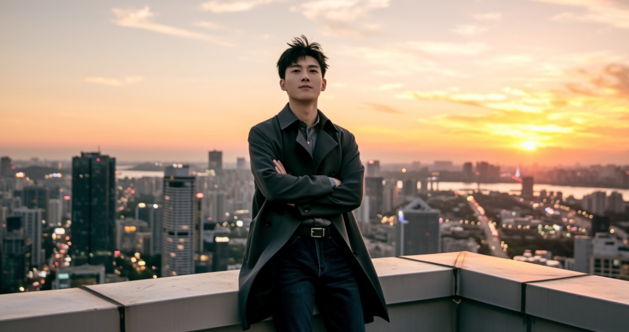 A person standing confidently on a rooftop at sunset