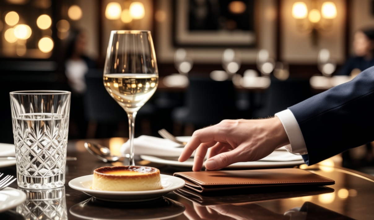 A hand reaching for a leather bill folder in an upscale restaurant
