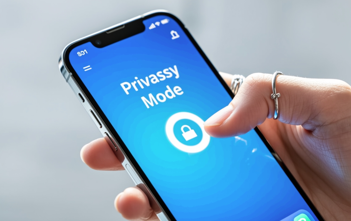 A hand toggling a privacy switch on a smartphone interface, clean and high-tech